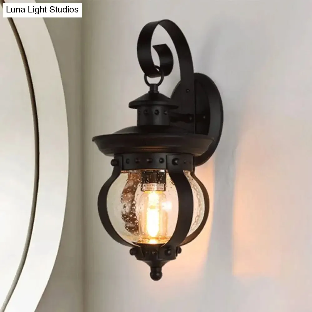 Industrial Seeded Glass Wall Lamp with Curved Arm for Bedroom - Single Bulb Sconce Light