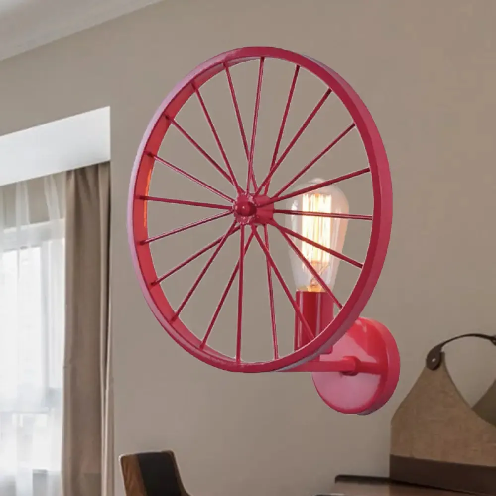 Industrial Style Bare Bulb Wall Lamp with Wheel Design - Modern Metal 1 Light Black/White/Red Fixture for Living Room