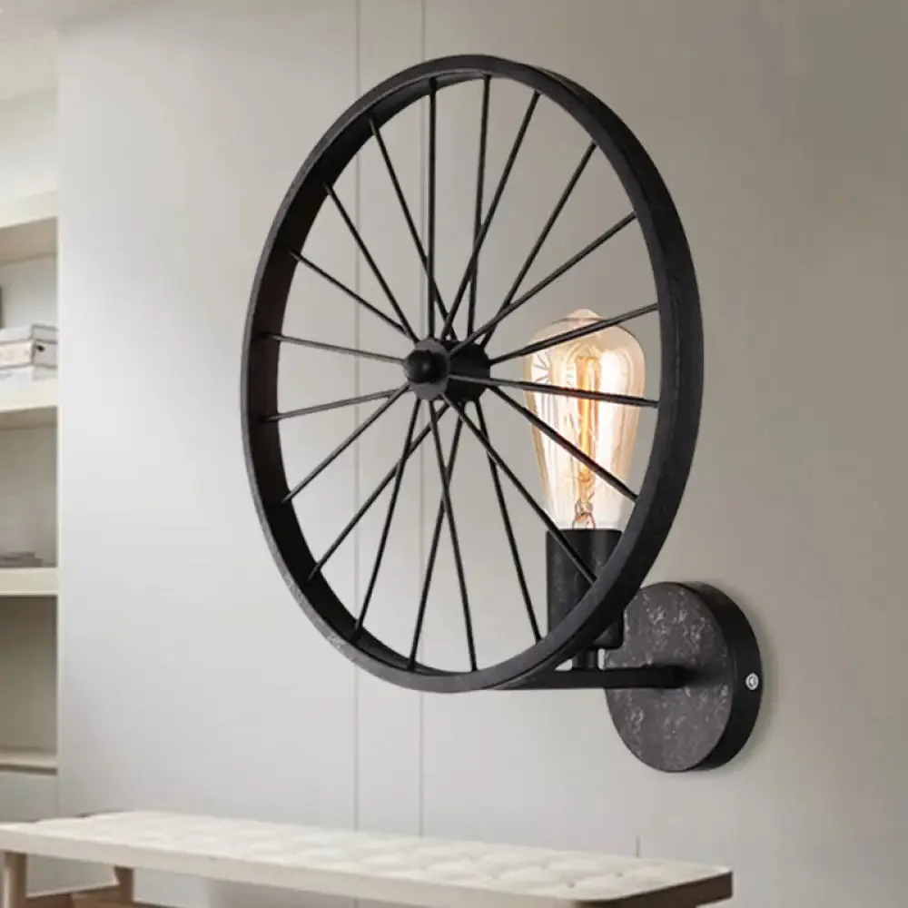 Industrial Style Bare Bulb Wall Lamp with Wheel Design - Modern Metal 1 Light Black/White/Red Fixture for Living Room