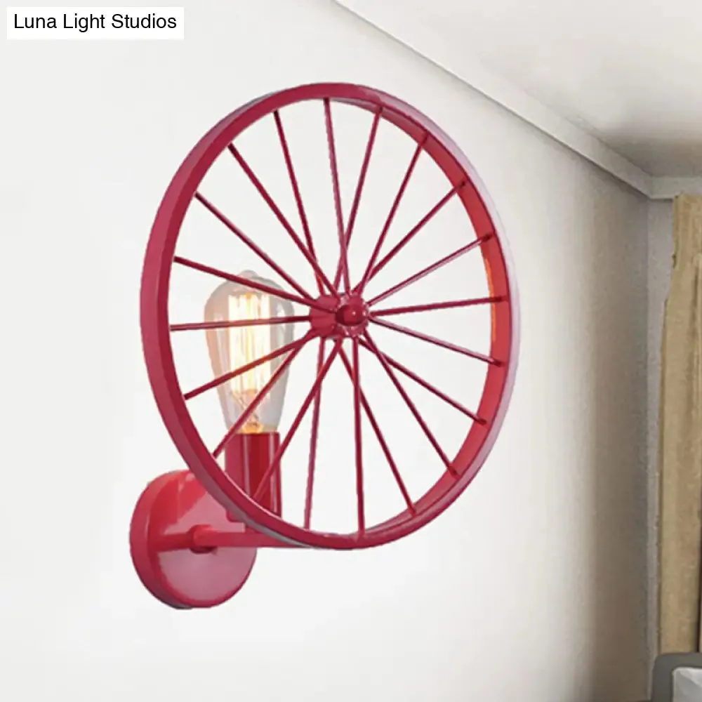 Industrial Style Bare Bulb Wall Lamp with Wheel Design - Modern Metal 1 Light Black/White/Red Fixture for Living Room