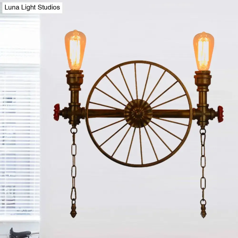 Industrial Style Wall Mount Light - Half Head Bare Bulb - Silver/Bronze/Antique Brass - Wrought Iron with Wheel Decoration