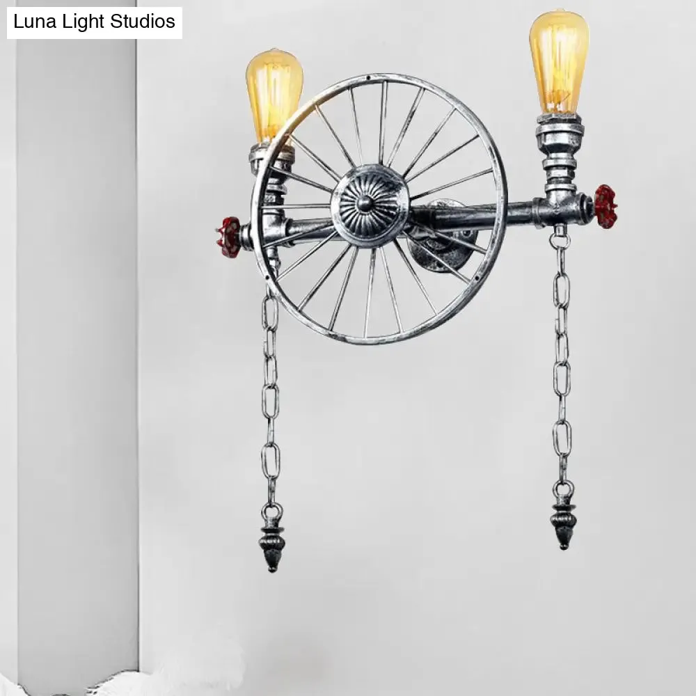 Industrial Style Wall Mount Light - Half Head Bare Bulb - Silver/Bronze/Antique Brass - Wrought Iron with Wheel Decoration