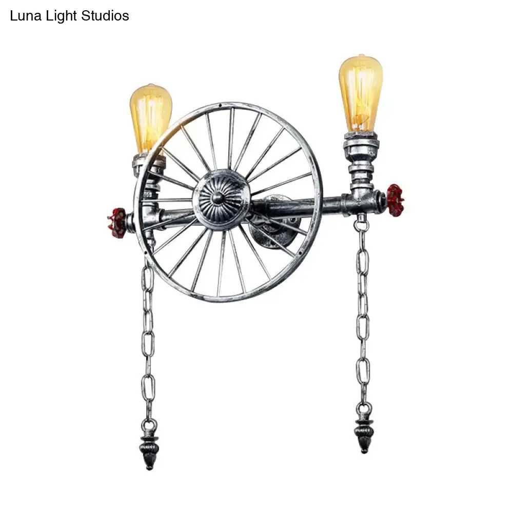 Industrial Style Wall Mount Light - Half Head Bare Bulb - Silver/Bronze/Antique Brass - Wrought Iron with Wheel Decoration