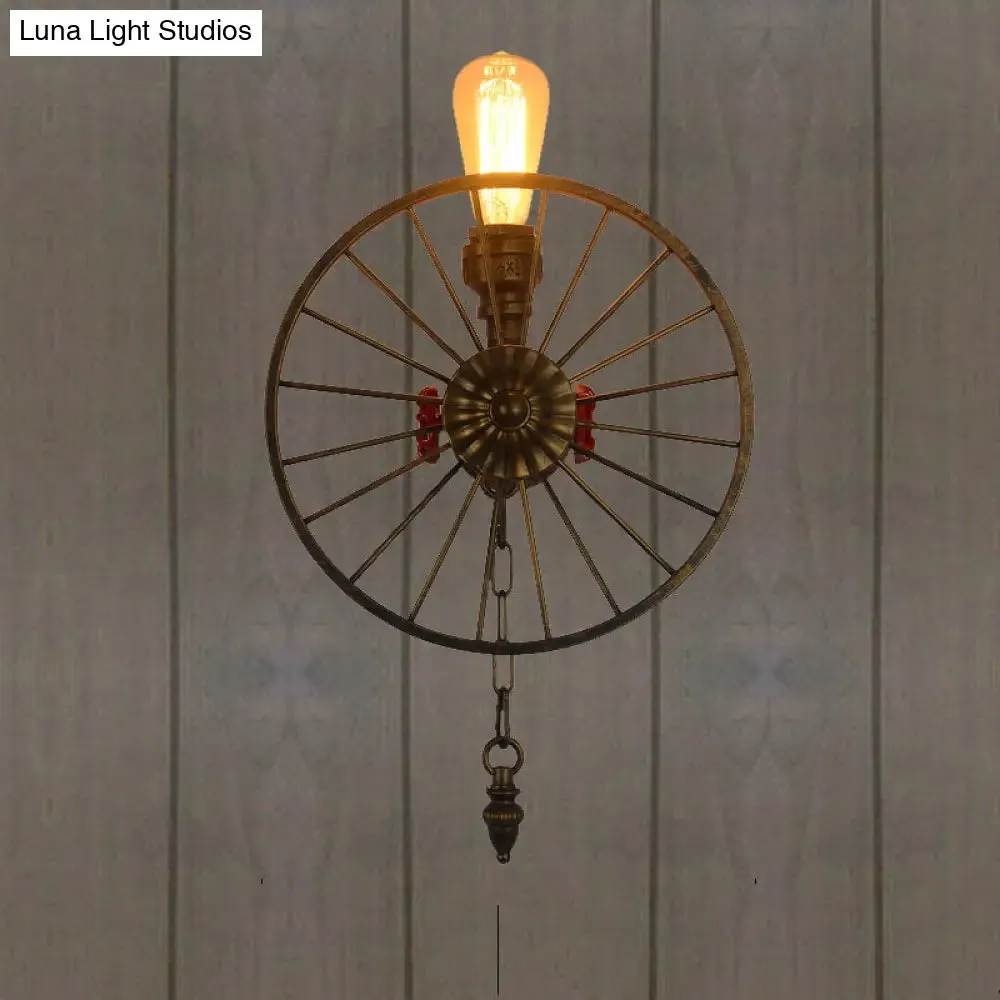 Industrial Style Wall Mount Light - Half Head Bare Bulb - Silver/Bronze/Antique Brass - Wrought Iron with Wheel Decoration