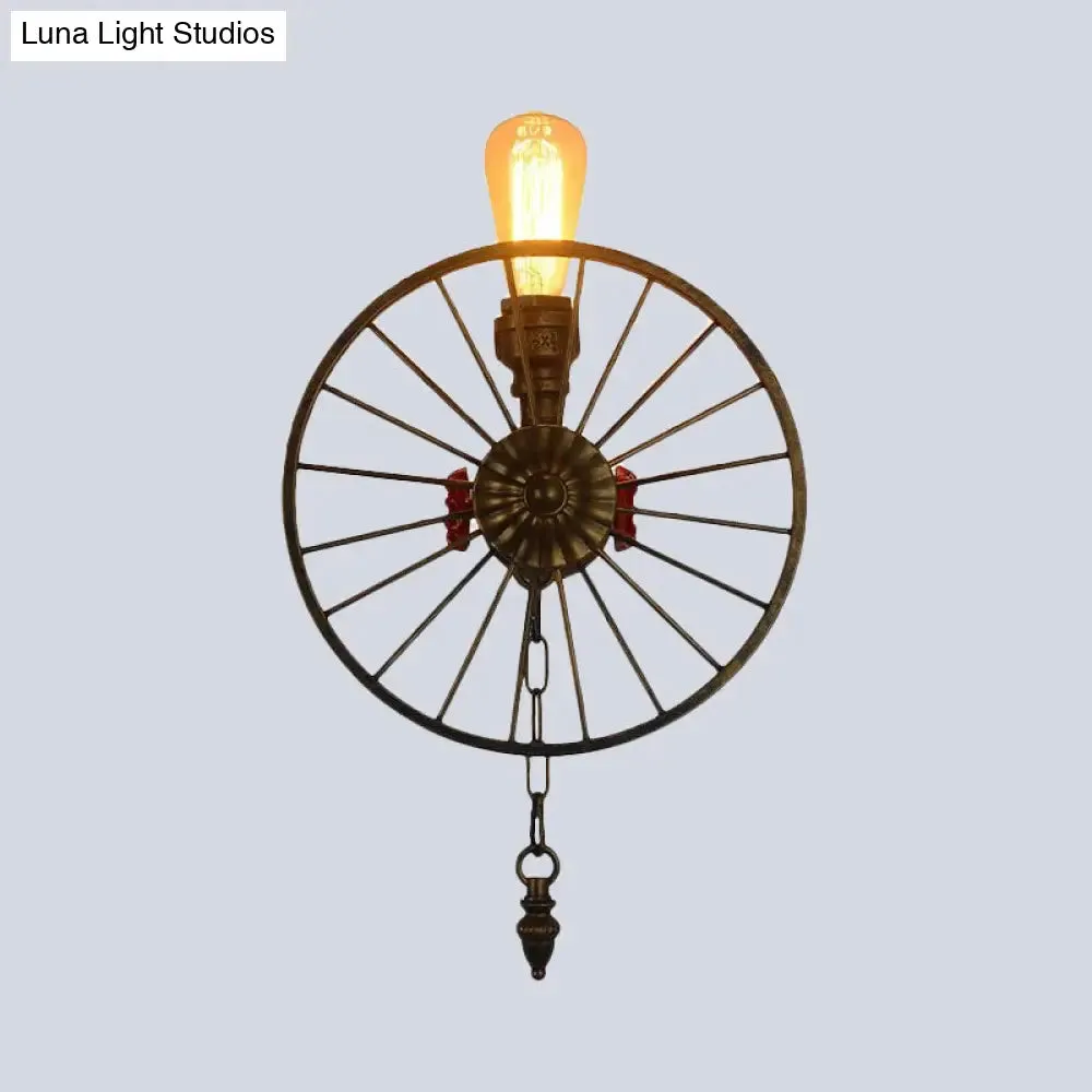 Industrial Style Wall Mount Light - Half Head Bare Bulb - Silver/Bronze/Antique Brass - Wrought Iron with Wheel Decoration