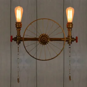 Industrial Style Wall Mount Light - Half Head Bare Bulb - Silver/Bronze/Antique Brass - Wrought Iron with Wheel Decoration