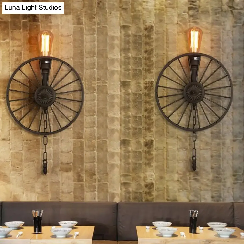 Industrial Style Wall Mount Light - Half Head Bare Bulb - Silver/Bronze/Antique Brass - Wrought Iron with Wheel Decoration