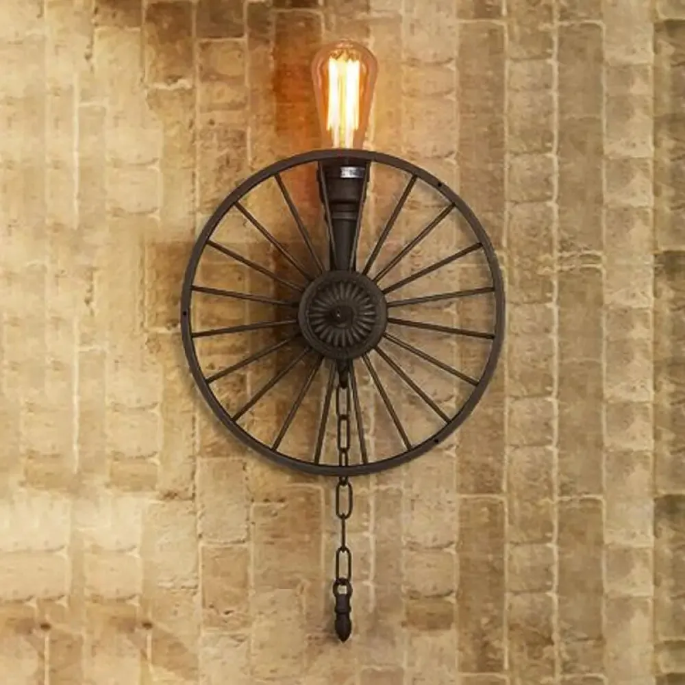 Industrial Style Wall Mount Light - Half Head Bare Bulb - Silver/Bronze/Antique Brass - Wrought Iron with Wheel Decoration