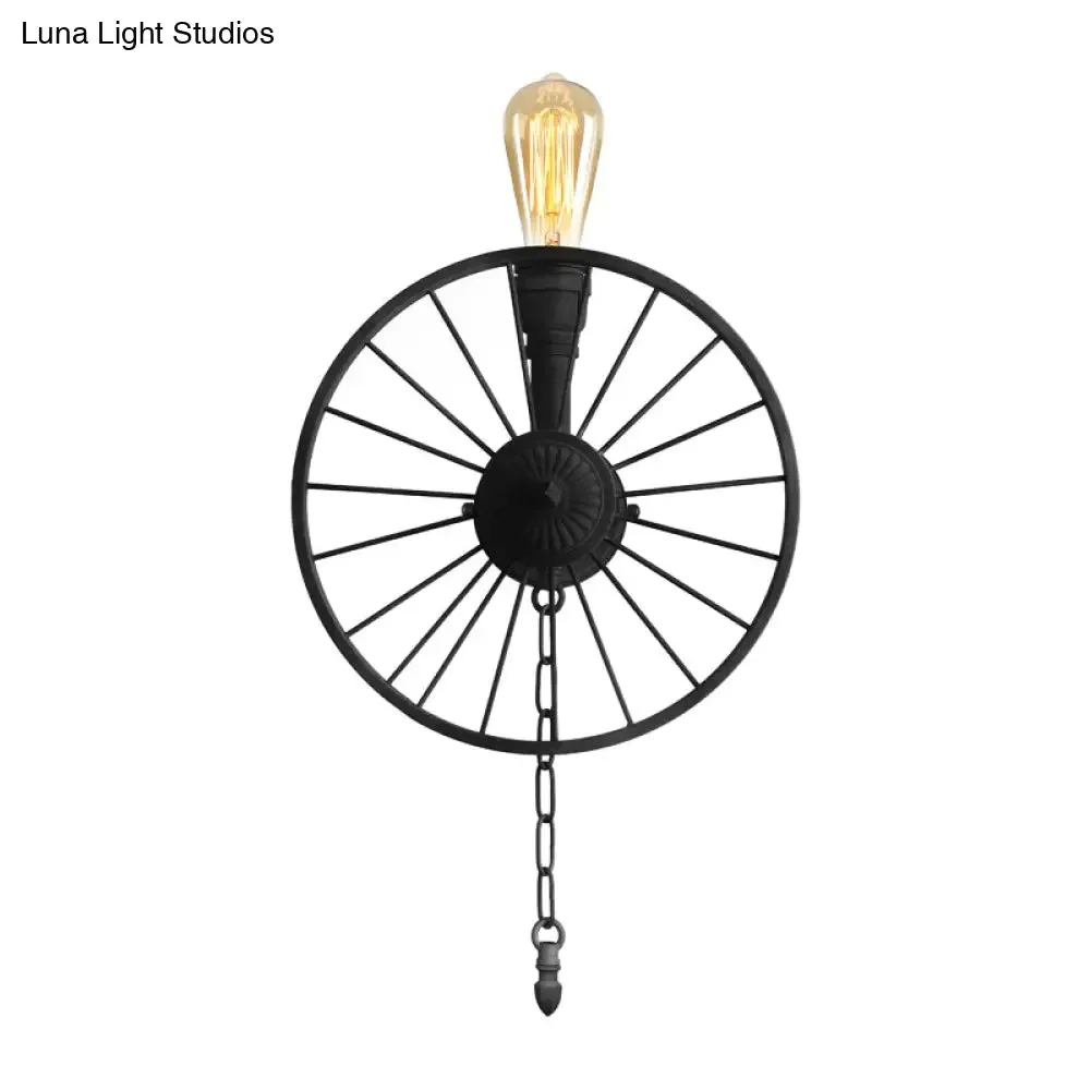 Industrial Style Wall Mount Light - Half Head Bare Bulb - Silver/Bronze/Antique Brass - Wrought Iron with Wheel Decoration