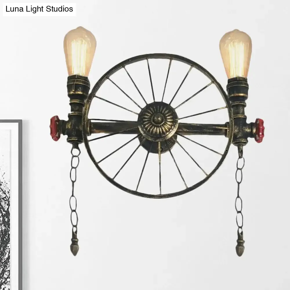 Industrial Style Wall Mount Light - Half Head Bare Bulb - Silver/Bronze/Antique Brass - Wrought Iron with Wheel Decoration