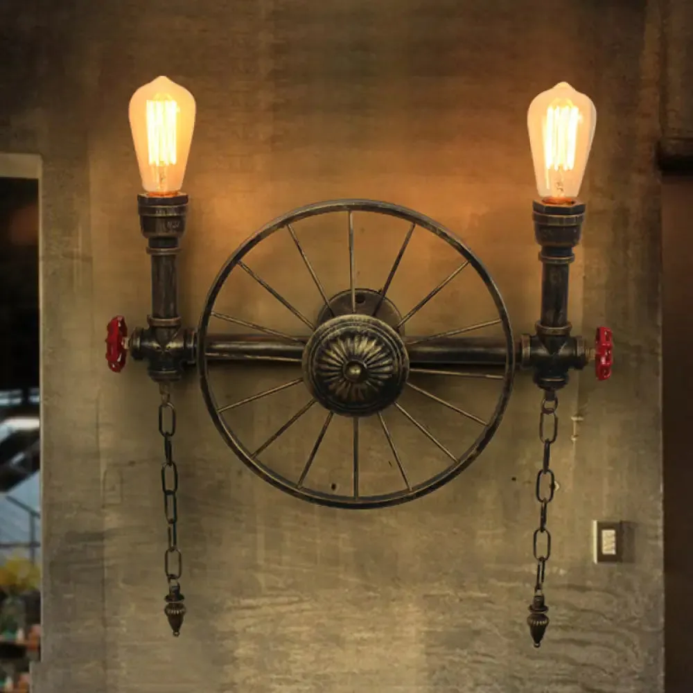 Industrial Style Wall Mount Light - Half Head Bare Bulb - Silver/Bronze/Antique Brass - Wrought Iron with Wheel Decoration