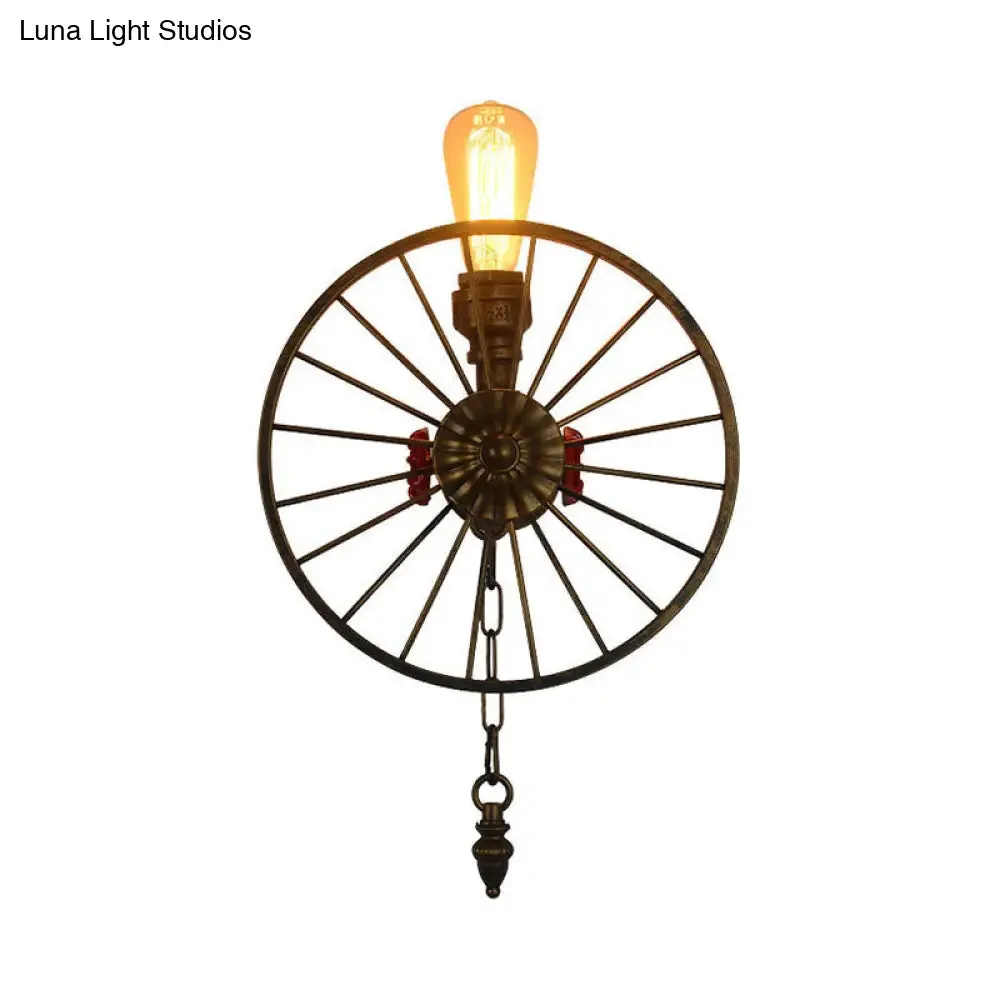 Industrial Style Wall Mount Light - Half Head Bare Bulb - Silver/Bronze/Antique Brass - Wrought Iron with Wheel Decoration