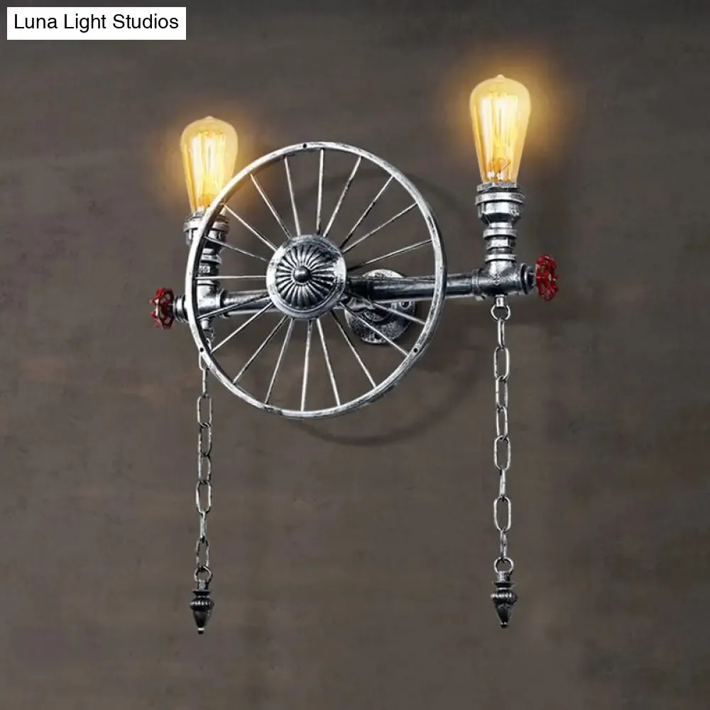 Industrial Style Wall Mount Light - Half Head Bare Bulb - Silver/Bronze/Antique Brass - Wrought Iron with Wheel Decoration