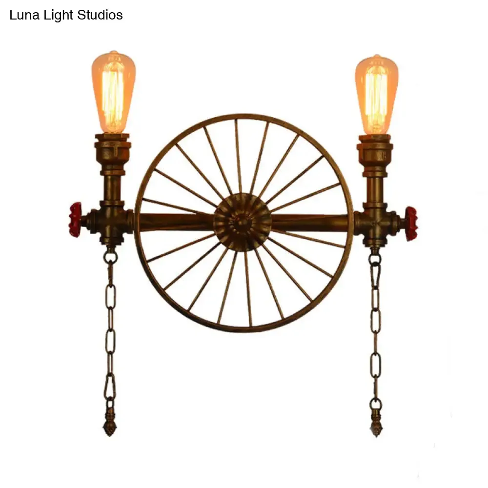 Industrial Style Wall Mount Light - Half Head Bare Bulb - Silver/Bronze/Antique Brass - Wrought Iron with Wheel Decoration