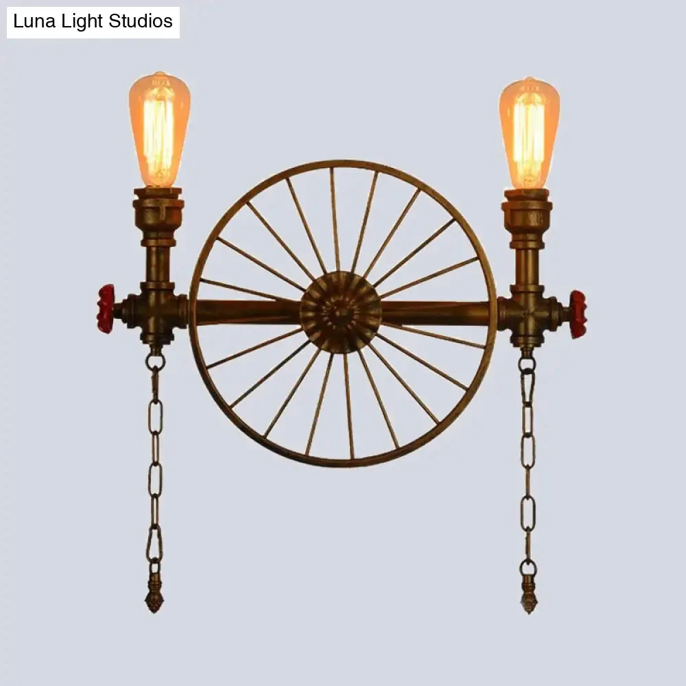 Industrial Style Wall Mount Light - Half Head Bare Bulb - Silver/Bronze/Antique Brass - Wrought Iron with Wheel Decoration