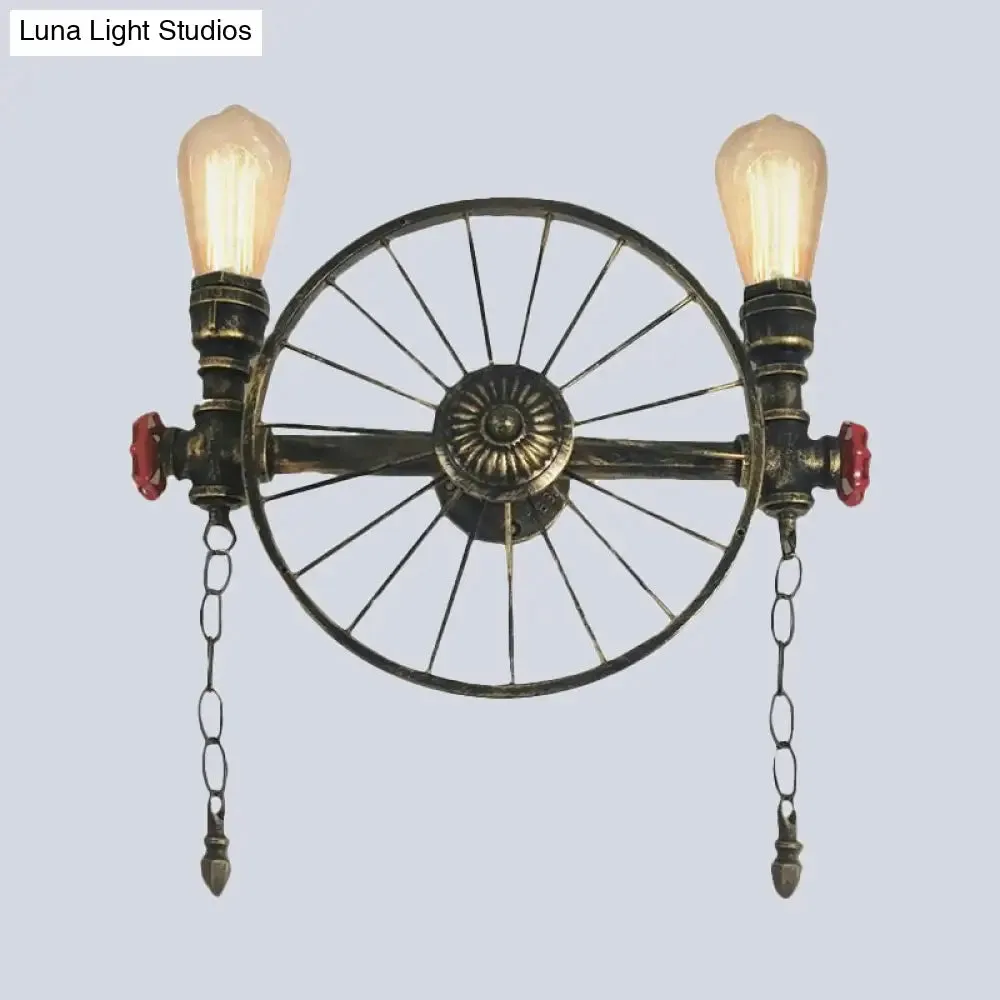 Industrial Style Wall Mount Light - Half Head Bare Bulb - Silver/Bronze/Antique Brass - Wrought Iron with Wheel Decoration