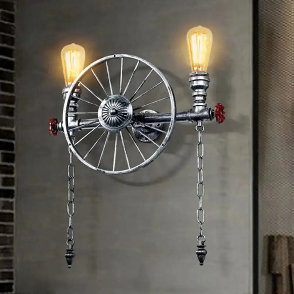 Industrial Style Wall Mount Light - Half Head Bare Bulb - Silver/Bronze/Antique Brass - Wrought Iron with Wheel Decoration