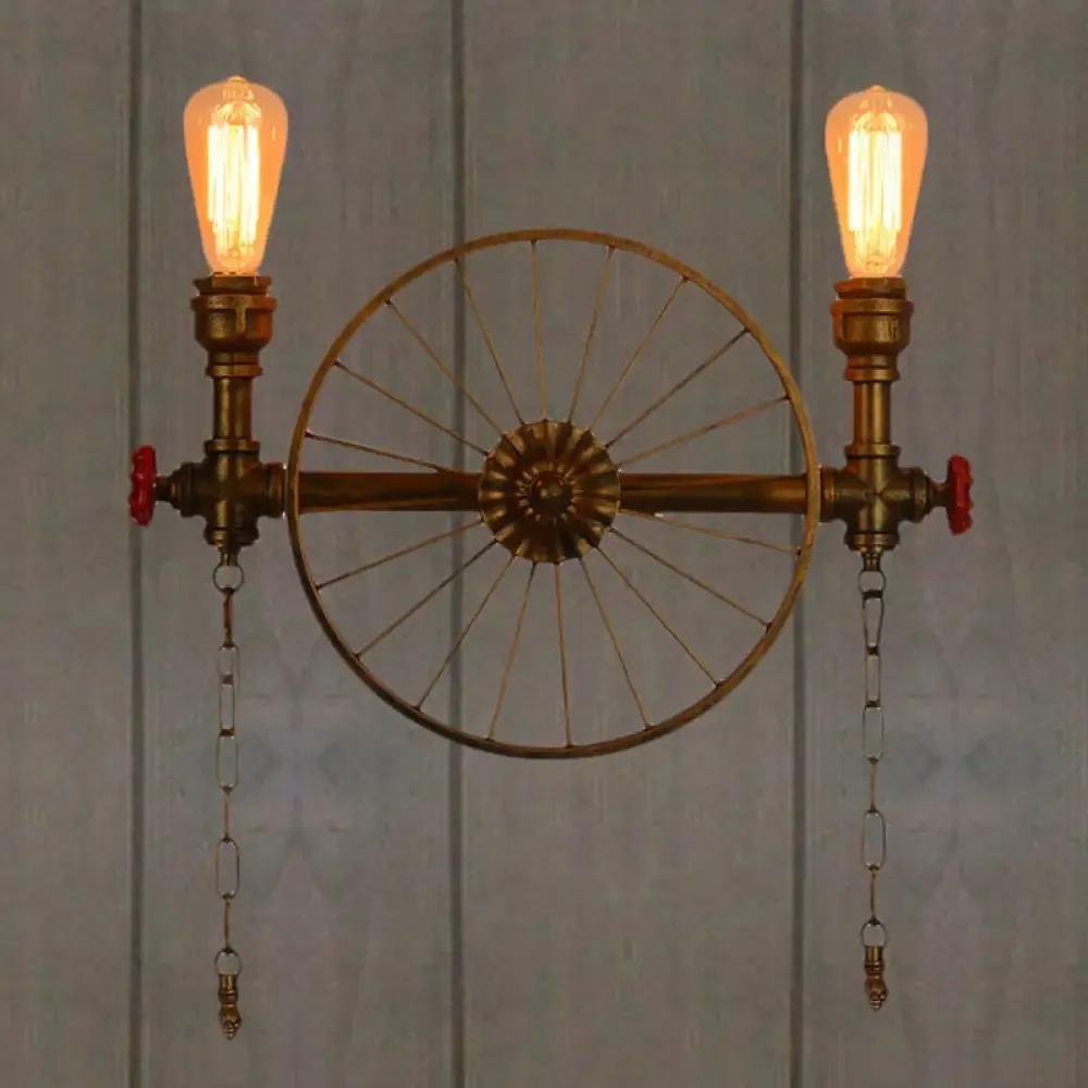 Industrial Style Wall Mount Light - Half Head Bare Bulb - Silver/Bronze/Antique Brass - Wrought Iron with Wheel Decoration