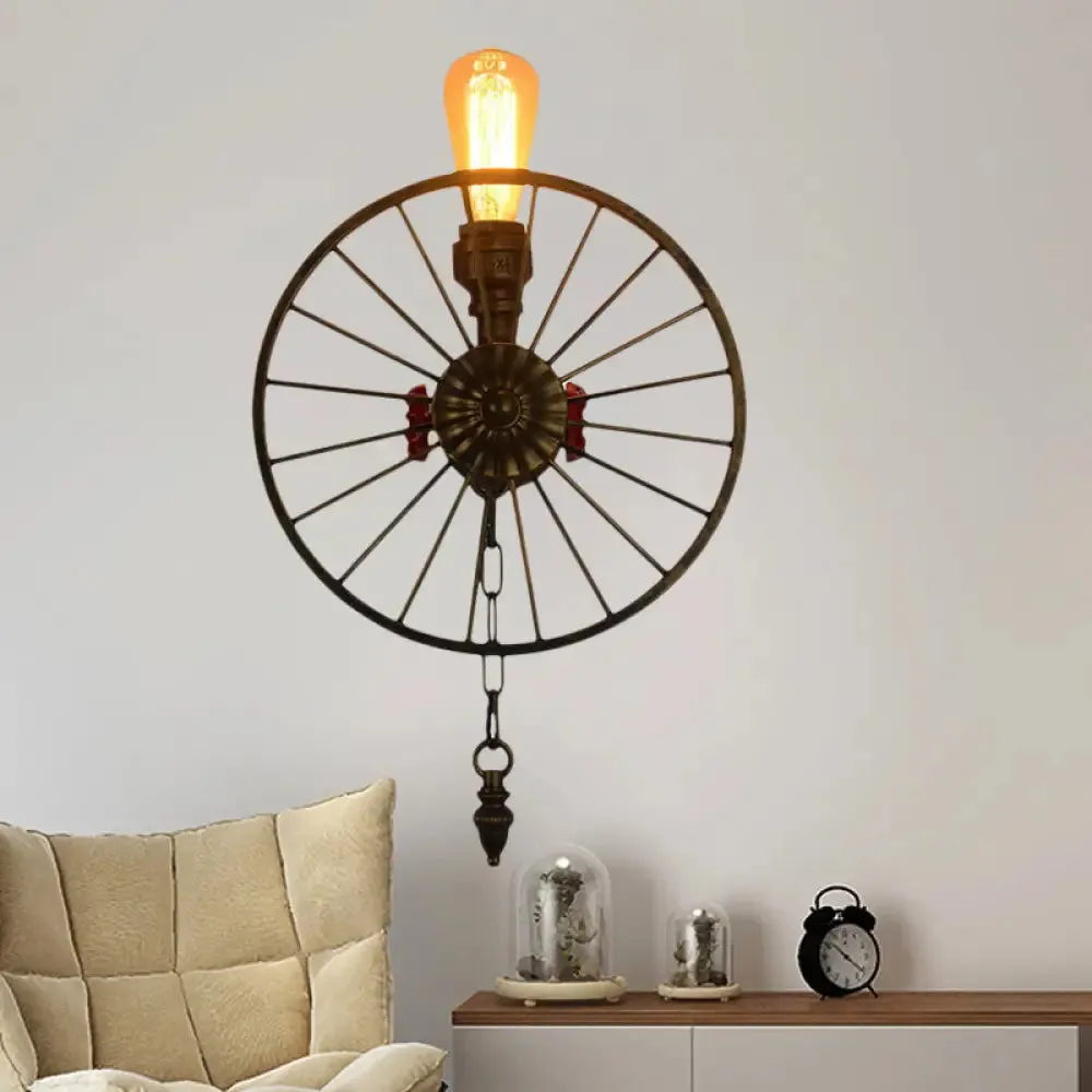 Industrial Style Wall Mount Light - Half Head Bare Bulb - Silver/Bronze/Antique Brass - Wrought Iron with Wheel Decoration