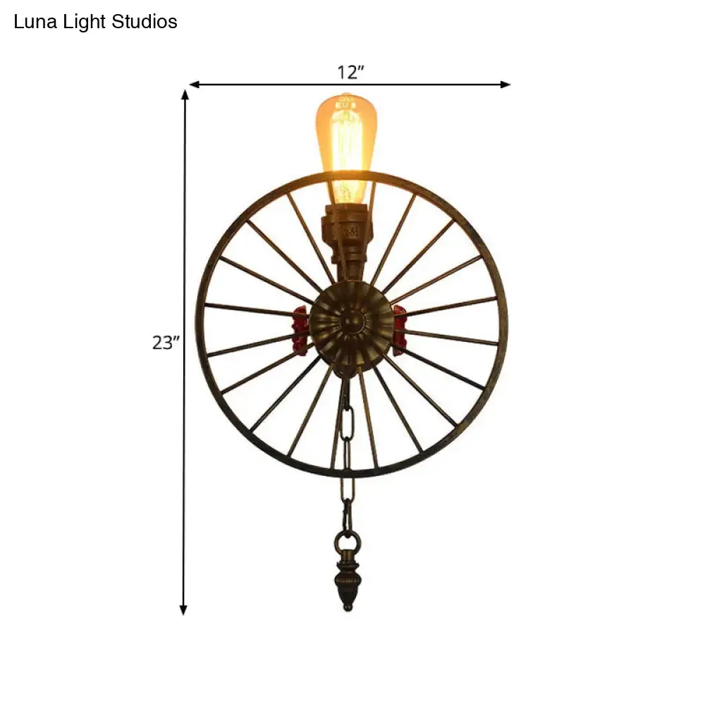 Industrial Style Wall Mount Light - Half Head Bare Bulb - Silver/Bronze/Antique Brass - Wrought Iron with Wheel Decoration