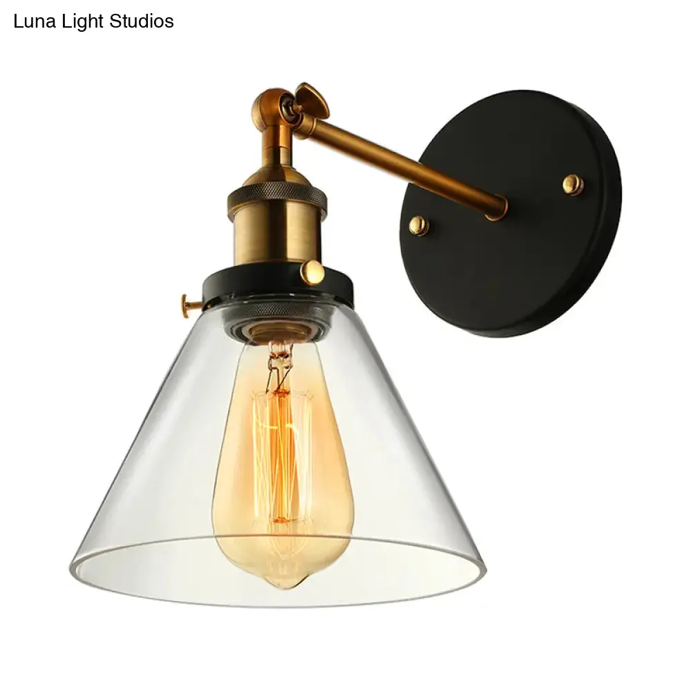 Industrial Wall Sconce Light with Clear Glass Shade - Tapered 1-Light Fixture in Black/Copper/Antique Brass for Living Room