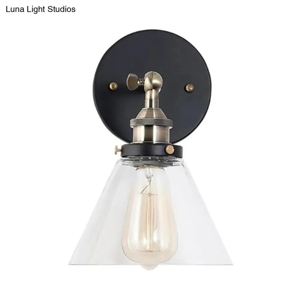 Industrial Wall Sconce Light with Clear Glass Shade - Tapered 1-Light Fixture in Black/Copper/Antique Brass for Living Room