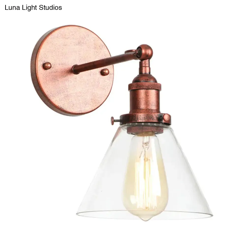 Industrial Wall Sconce Light with Clear Glass Shade - Tapered 1-Light Fixture in Black/Copper/Antique Brass for Living Room