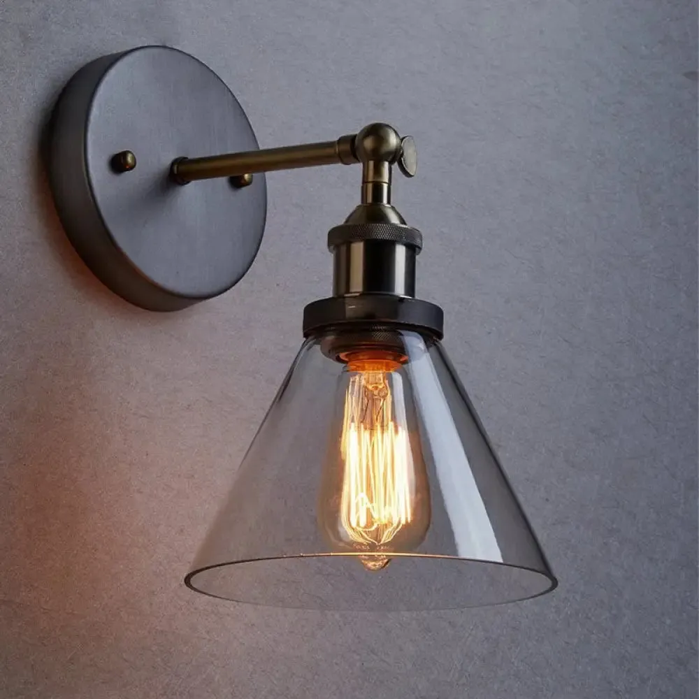 Industrial Wall Sconce Light with Clear Glass Shade - Tapered 1-Light Fixture in Black/Copper/Antique Brass for Living Room