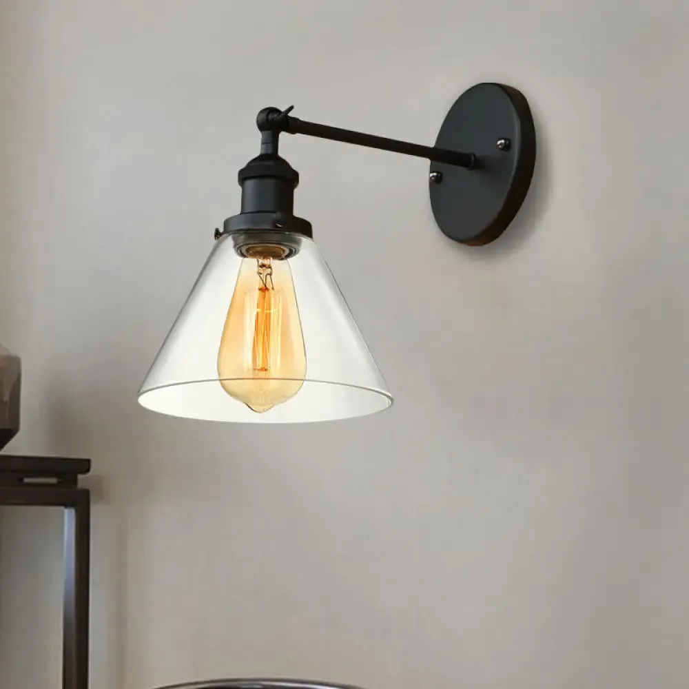 Industrial Wall Sconce Light with Clear Glass Shade - Tapered 1-Light Fixture in Black/Copper/Antique Brass for Living Room