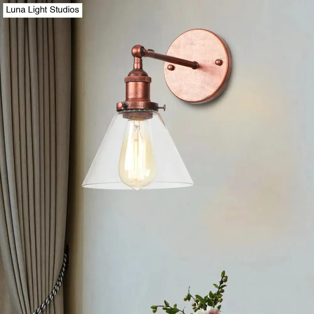 Industrial Wall Sconce Light with Clear Glass Shade - Tapered 1-Light Fixture in Black/Copper/Antique Brass for Living Room