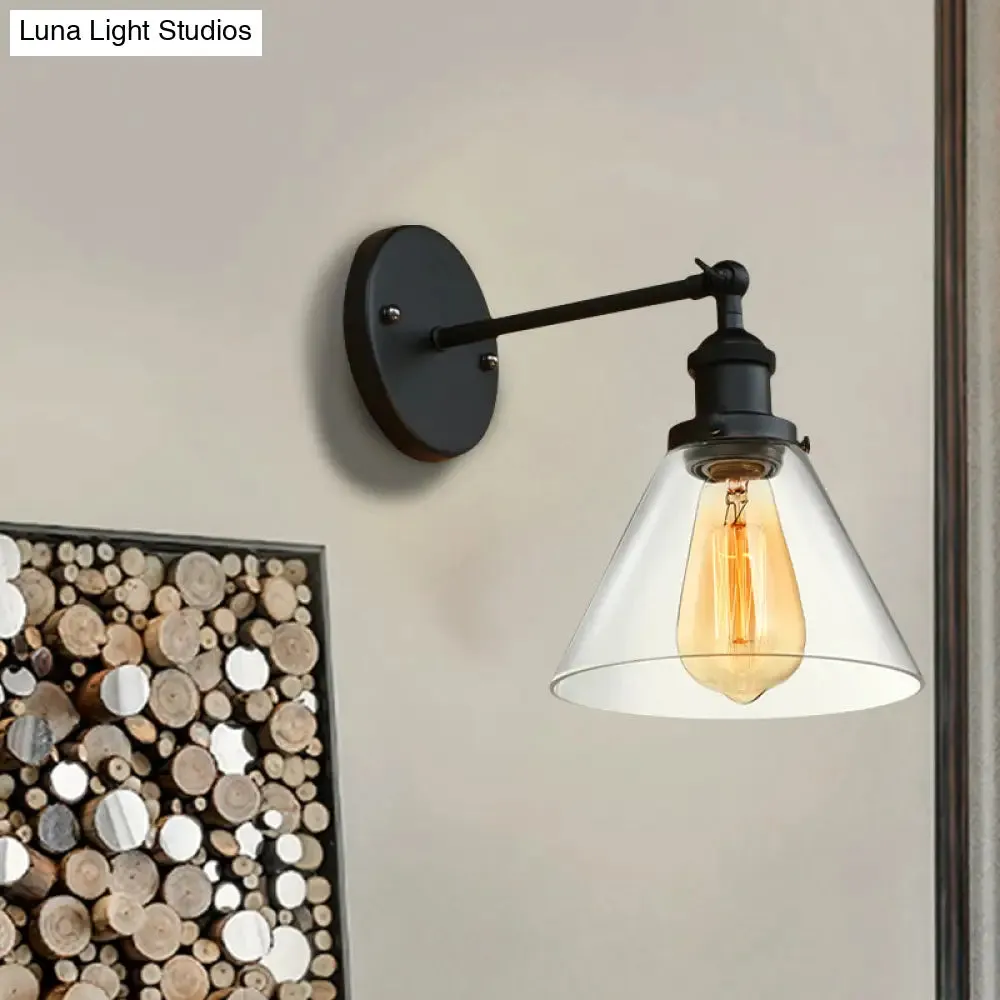 Industrial Wall Sconce Light with Clear Glass Shade - Tapered 1-Light Fixture in Black/Copper/Antique Brass for Living Room