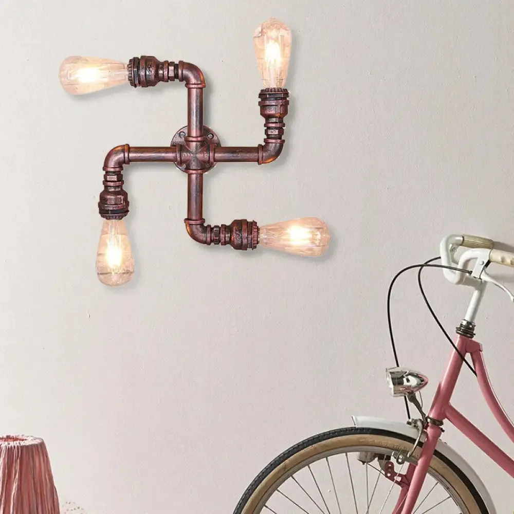 Industrial Wrought Iron Sconce Lamp with Exposed Bulb - Antique Copper Finish, 4 Lights - Perfect for Restaurants