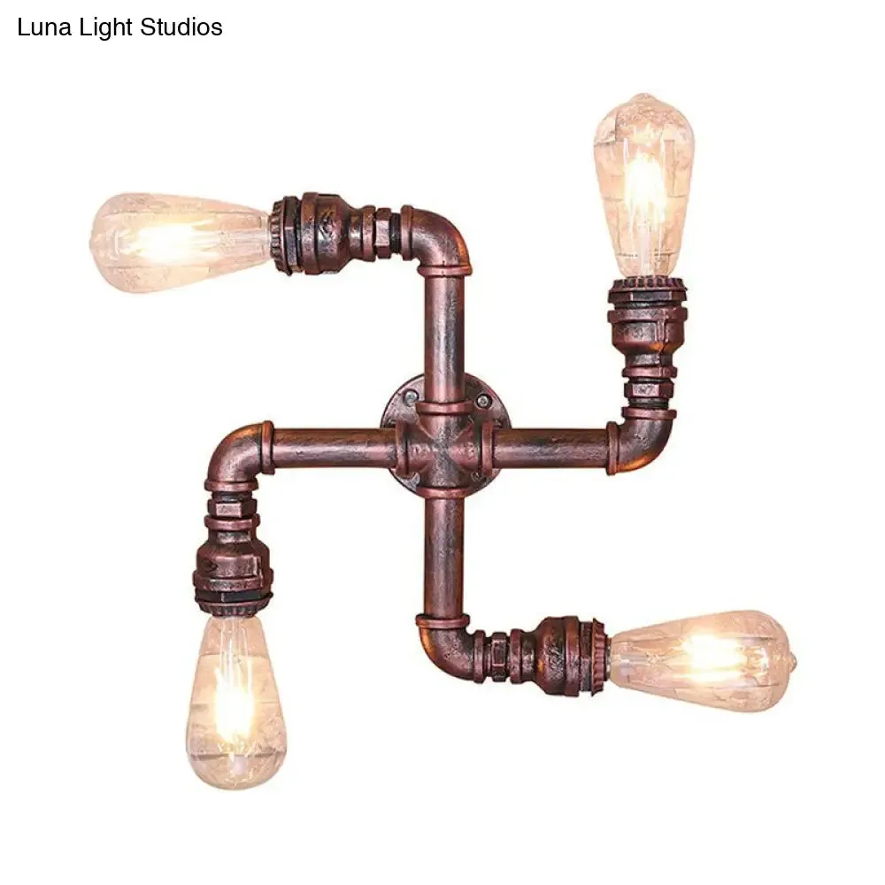 Industrial Wrought Iron Sconce Lamp with Exposed Bulb - Antique Copper Finish, 4 Lights - Perfect for Restaurants