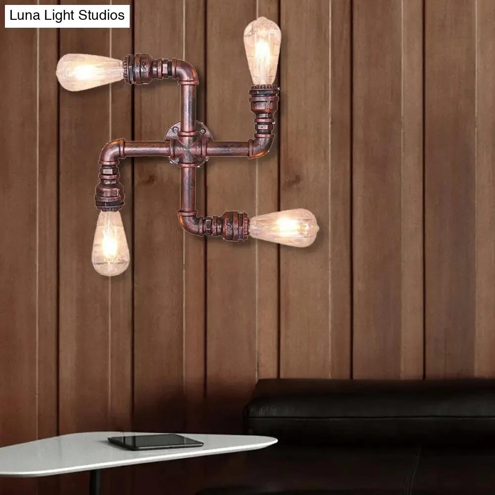 Industrial Wrought Iron Sconce Lamp with Exposed Bulb - Antique Copper Finish, 4 Lights - Perfect for Restaurants