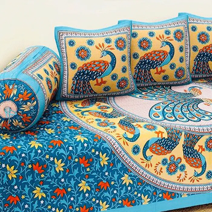 Jaipuri Design Single Bedsheet ( 100% cotton, 6pc set, Diwan set )