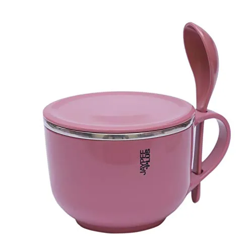 Jaypee Plus Stainless Steel Soup Bowl with Lid & Spoon Holder Souptok, Coffee Mug Lid & Spoon Coffee Mug Cup for Tea, Coffee, Milk, Best Diwali Gift, Girls, Boys, Birthday, Pink