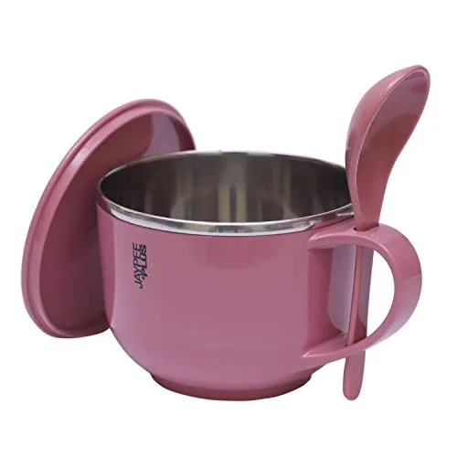 Jaypee Plus Stainless Steel Soup Bowl with Lid & Spoon Holder Souptok, Coffee Mug Lid & Spoon Coffee Mug Cup for Tea, Coffee, Milk, Best Diwali Gift, Girls, Boys, Birthday, Pink