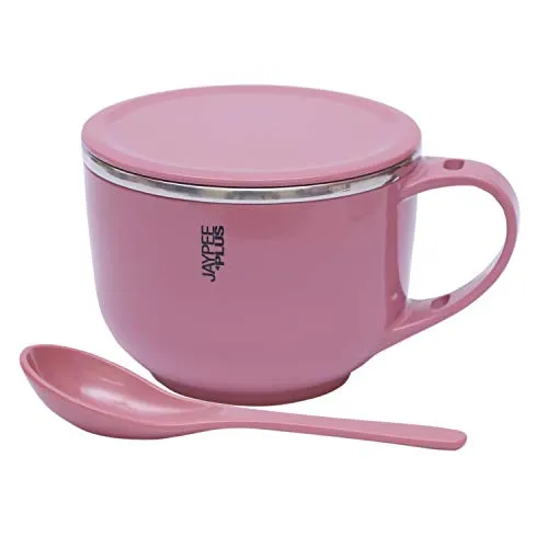 Jaypee Plus Stainless Steel Soup Bowl with Lid & Spoon Holder Souptok, Coffee Mug Lid & Spoon Coffee Mug Cup for Tea, Coffee, Milk, Best Diwali Gift, Girls, Boys, Birthday, Pink