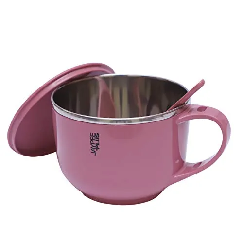 Jaypee Plus Stainless Steel Soup Bowl with Lid & Spoon Holder Souptok, Coffee Mug Lid & Spoon Coffee Mug Cup for Tea, Coffee, Milk, Best Diwali Gift, Girls, Boys, Birthday, Pink