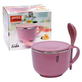 Jaypee Plus Stainless Steel Soup Bowl with Lid & Spoon Holder Souptok, Coffee Mug Lid & Spoon Coffee Mug Cup for Tea, Coffee, Milk, Best Diwali Gift, Girls, Boys, Birthday, Pink