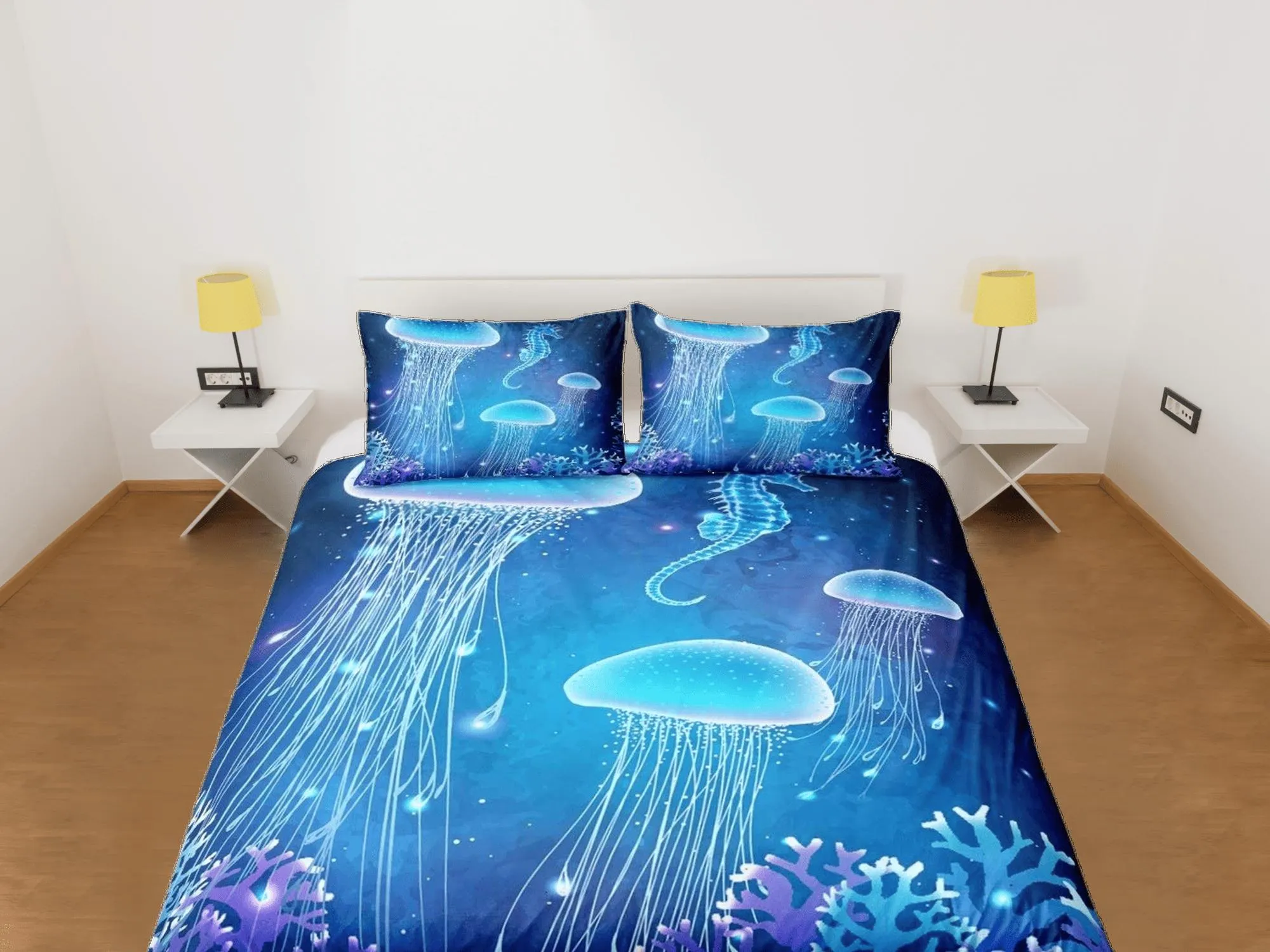 Jellyfish and sea horse bedding purple blue duvet cover, ocean blush sea animal bedding set full king queen twin crib toddler, dorm bedding