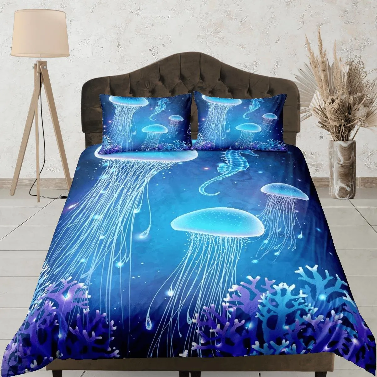 Jellyfish and sea horse bedding purple blue duvet cover, ocean blush sea animal bedding set full king queen twin crib toddler, dorm bedding