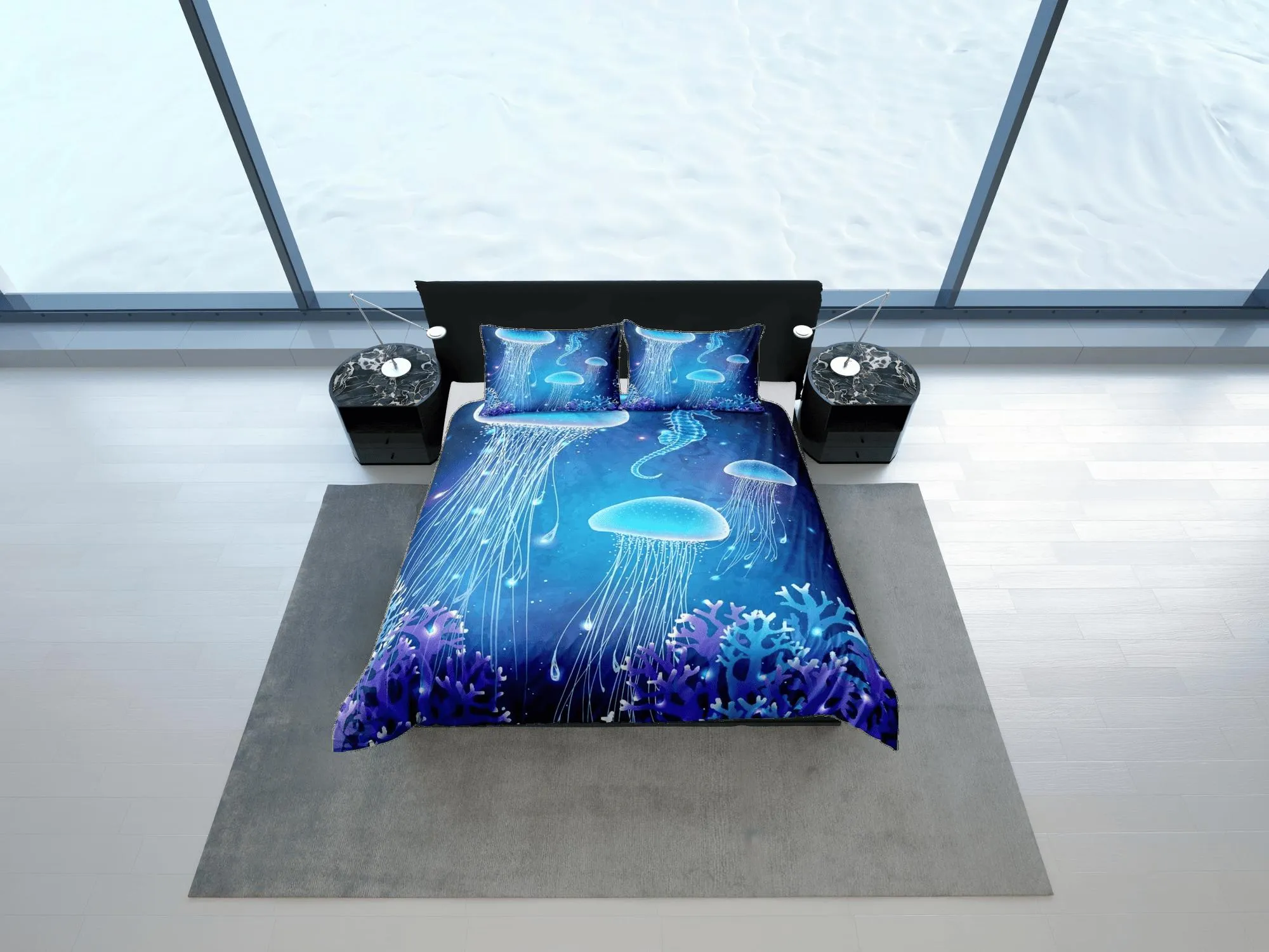 Jellyfish and sea horse bedding purple blue duvet cover, ocean blush sea animal bedding set full king queen twin crib toddler, dorm bedding