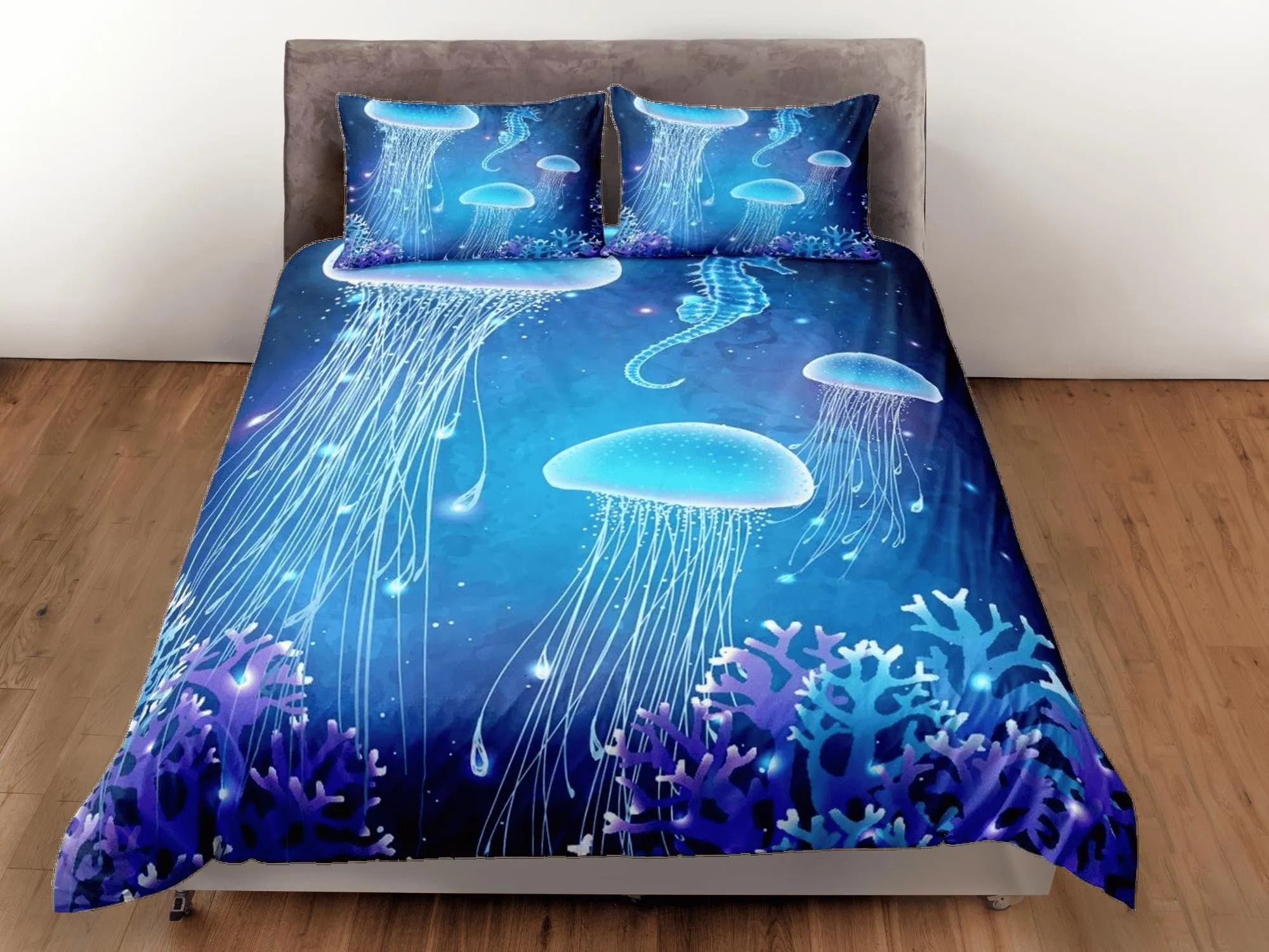 Jellyfish and sea horse bedding purple blue duvet cover, ocean blush sea animal bedding set full king queen twin crib toddler, dorm bedding