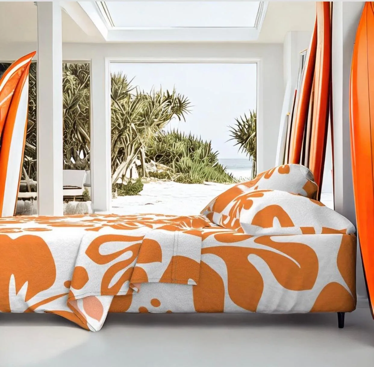 Juicy Orange Hawaiian Flowers on White Sheet Set from Surfer Bedding™️ Large Scale