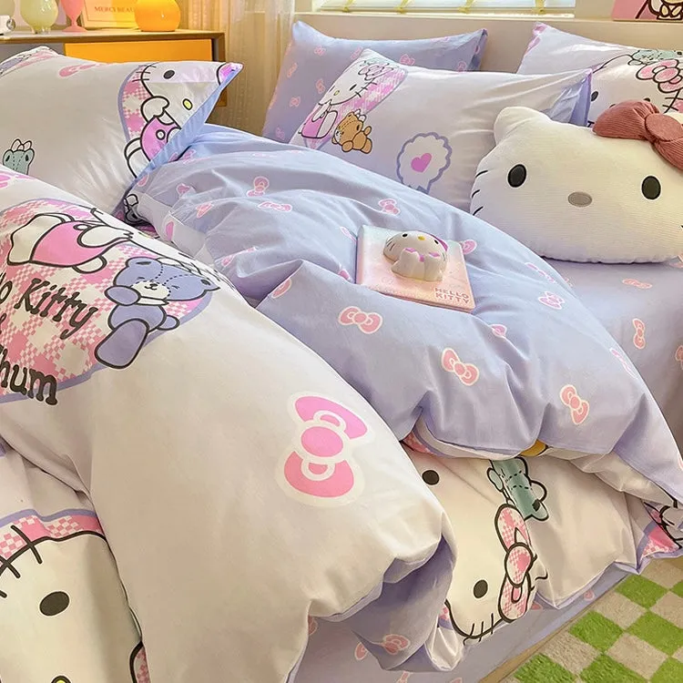 Kawaii Cute Hello Kitty Inspired Pastel Purple Cotton Bedding Duvet Cover Set Single Twin Queen Size