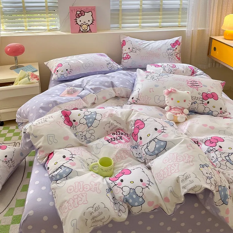 Kawaii Cute Hello Kitty Inspired Pastel Purple Cotton Bedding Duvet Cover Set Single Twin Queen Size