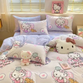 Kawaii Cute Hello Kitty Inspired Pastel Purple Cotton Bedding Duvet Cover Set Single Twin Queen Size