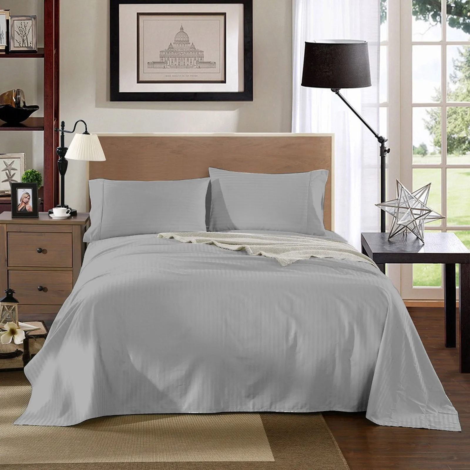 Kensington 1200 Thread Count 100% Egyptian Cotton Sheet Set Stripe Hotel Grade Double Silver