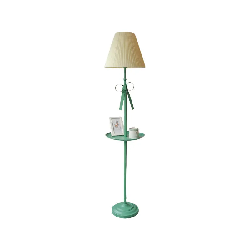 Kids Iron Single Green Floor Lamp with Pleated Beige/Pink Shade - Ribbon Floor Standing Light